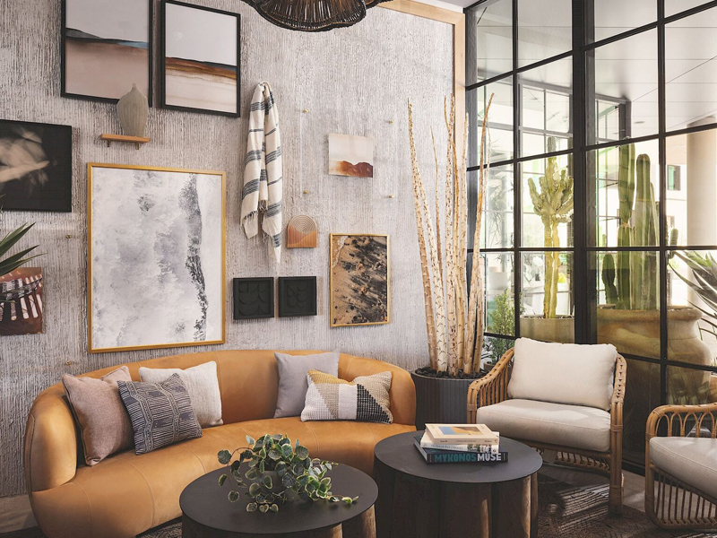 a room with a couch and a table